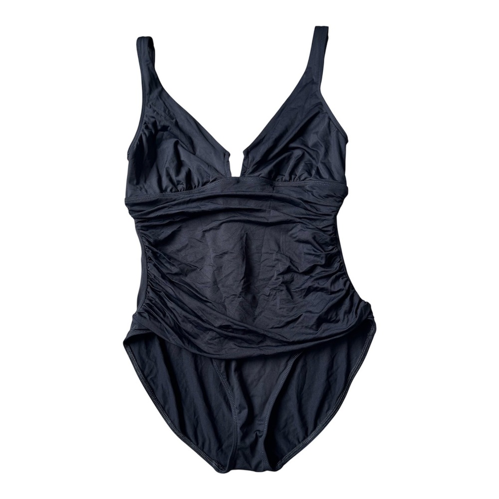 Y2K Lauren Ralph Lauren Black Plunge One Piece Swimsuit Size 12 Ruched‎ Vintage
